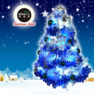 摩達客3尺豪華夢幻白色聖誕樹銀藍系配件組50LED燈插電燈串一串藍白光