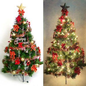 【摩達客】台灣製6尺特級綠松針葉聖誕樹(紅金色系配件組+100燈鎢絲樹燈清光2串)