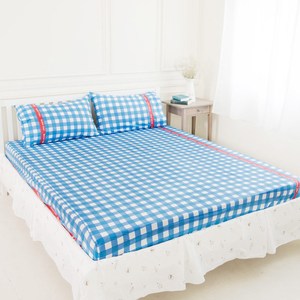 【奶油獅】格紋系列-100%精梳純棉床包三件組-藍(雙人特大7尺)