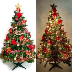 【摩達客】台灣製5尺豪華版裝飾綠聖誕樹(飾品組-紅金色系+100燈鎢絲樹燈串清光2串