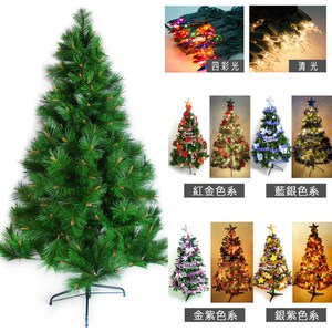 摩達客 台製5尺特級綠松針葉聖誕樹+飾品組+100燈鎢絲燈2串銀紫色系+四彩光
