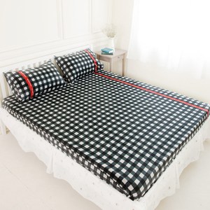 【奶油獅】格紋系列-100%精梳純棉床包三件組-黑(雙人加大6尺)