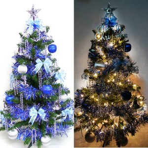摩達客 幸福3尺90cm一般型裝飾綠聖誕樹 (藍銀色系)+100燈鎢絲樹燈串