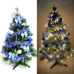 摩達客 台灣製3尺90cm綠松針葉聖誕樹-藍銀系配件+100燈鎢絲樹燈一串