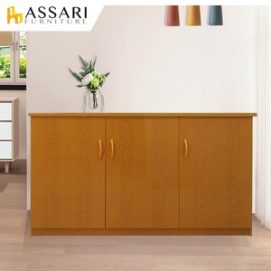 ASSARI-防潮防蛀塑鋼緩衝三門碗盤櫃(寬125x深43x81cm)木紋