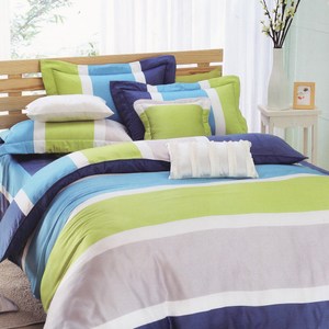 BUTTERFLY-純棉條紋三件式枕套床包組-平凡線-藍(雙人)